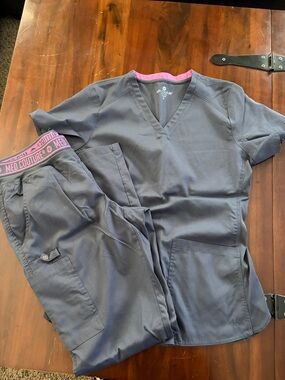 Size Small Med Couture Grey Scrub Set with Pink Accents